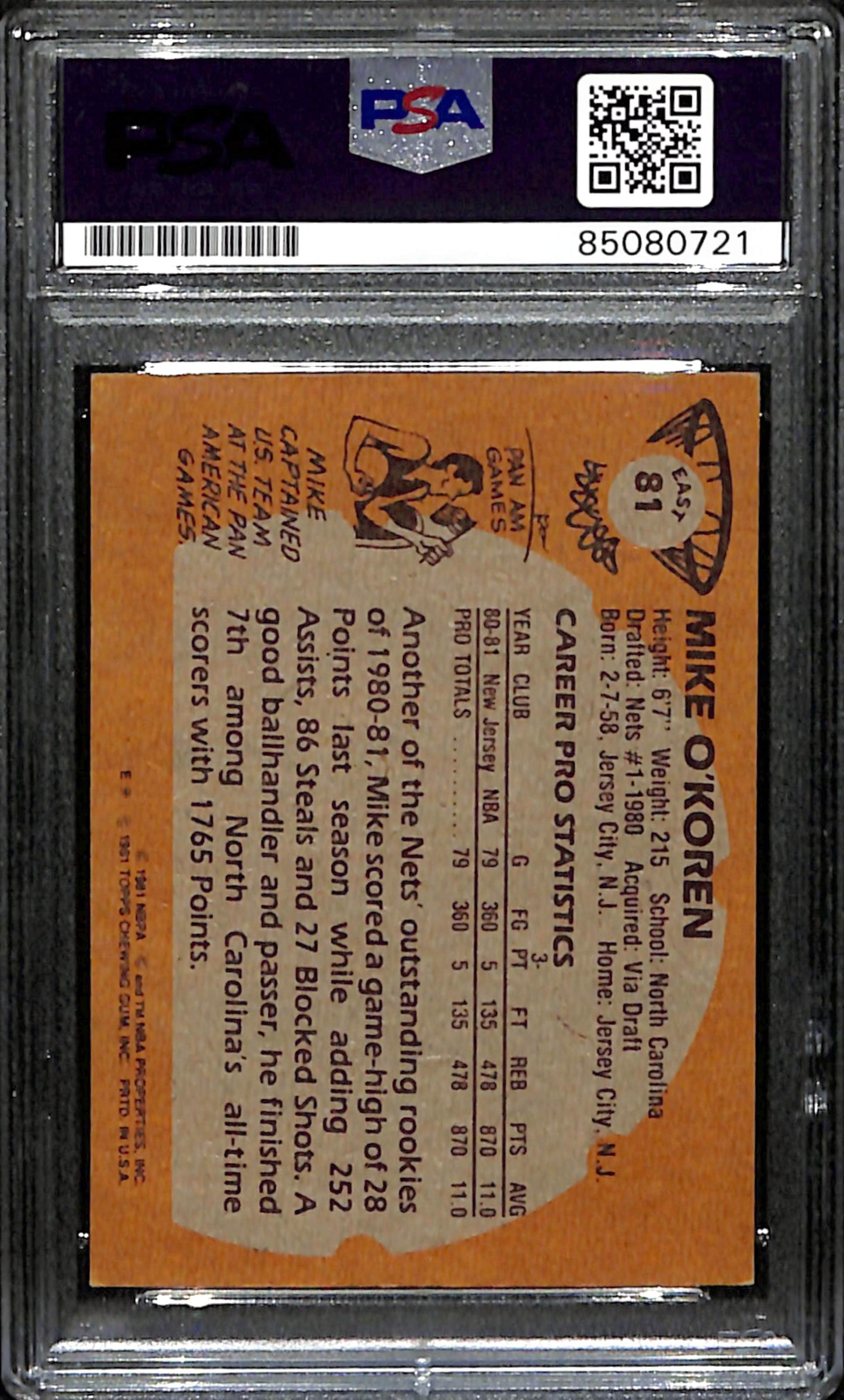 Mike O'Koren Signed 1981 Topps Card #81 New Jersey Nets PSA/DNA 185096