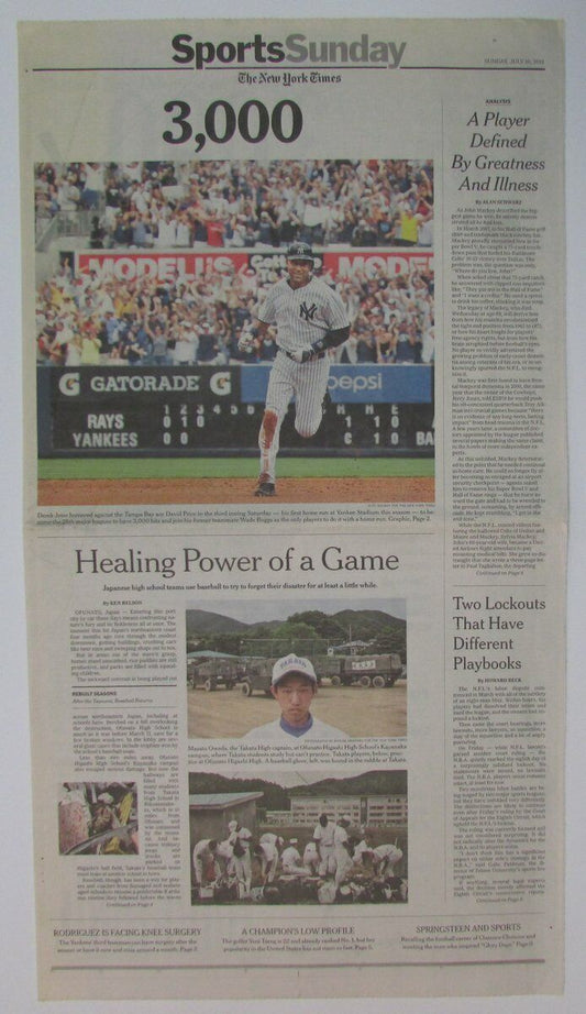 Derek Jeter New York Yankees 3000 Hits 2011 New York Times Newspaper 147802