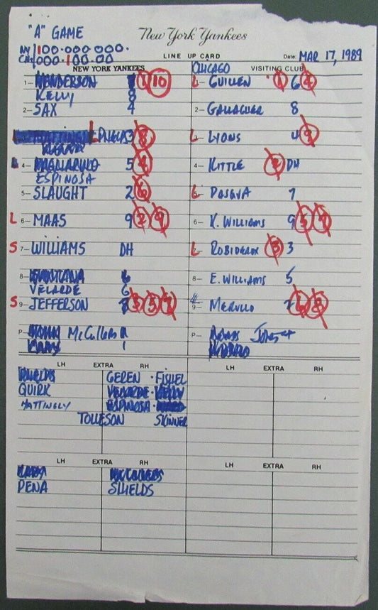 1989 New York Yankees Spring Training 9x15 Lineup Card vs.White Sox 151344