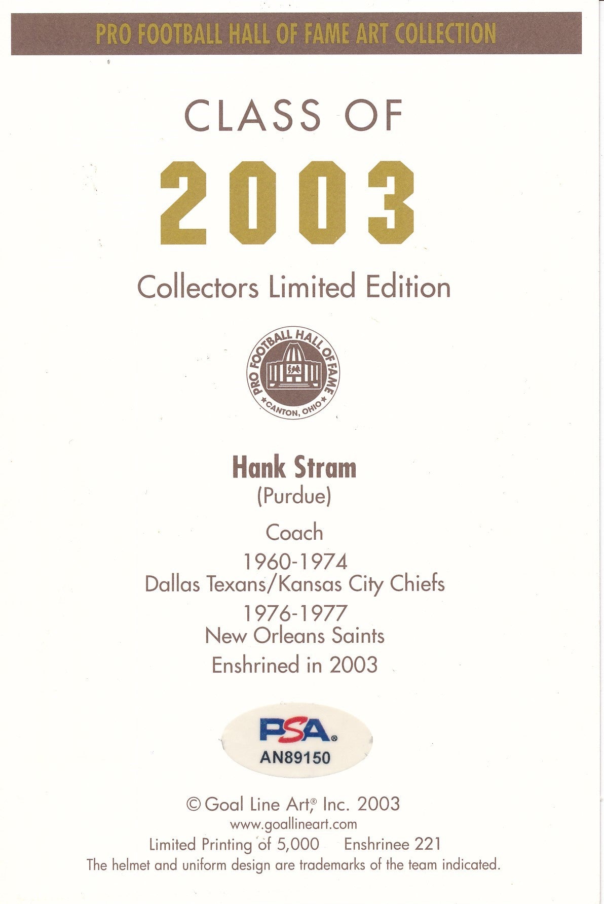 Hank Stram HOF Signed/Inscribed 2003 GLAC Postcard Chiefs PSA/DNA 191846