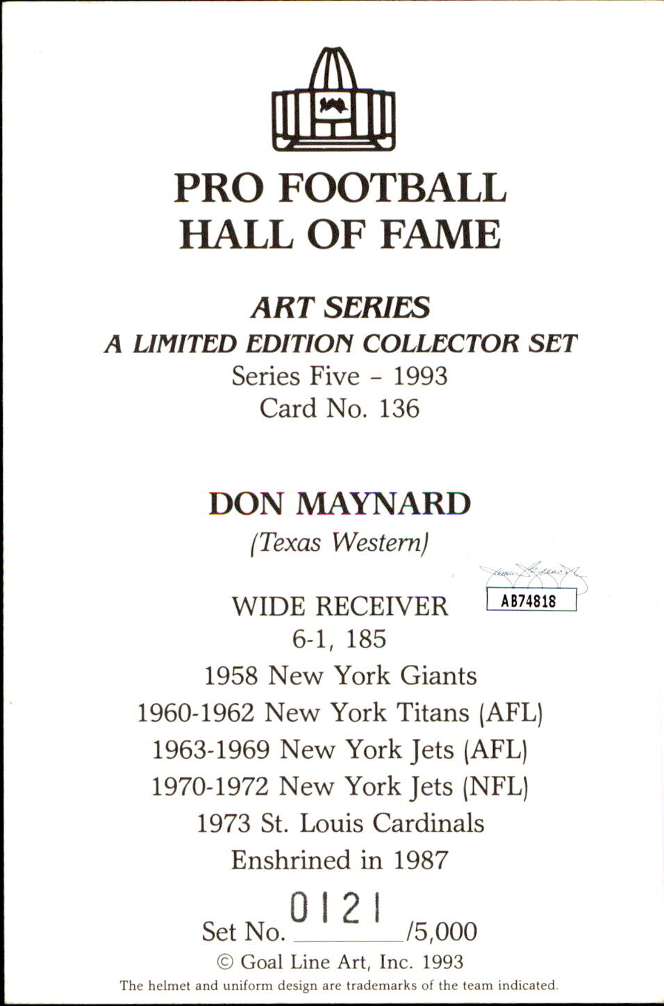 Don Maynard HOF Autographed Goal Line Art GLAC Postcard New York Jets JSA