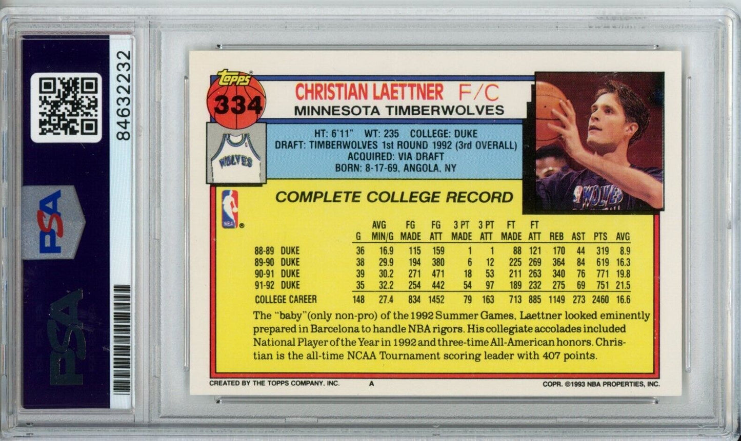 1992-93 TOPPS Rookie #334 Christian Laettner Timberwolves PSA/DNA