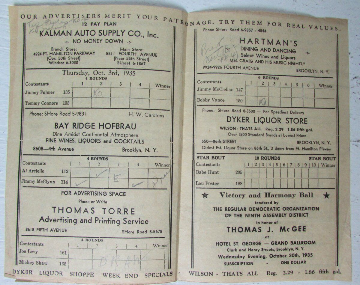 Fort Hamilton Rec Center 10/3/35 Boxing Program Scored 147153