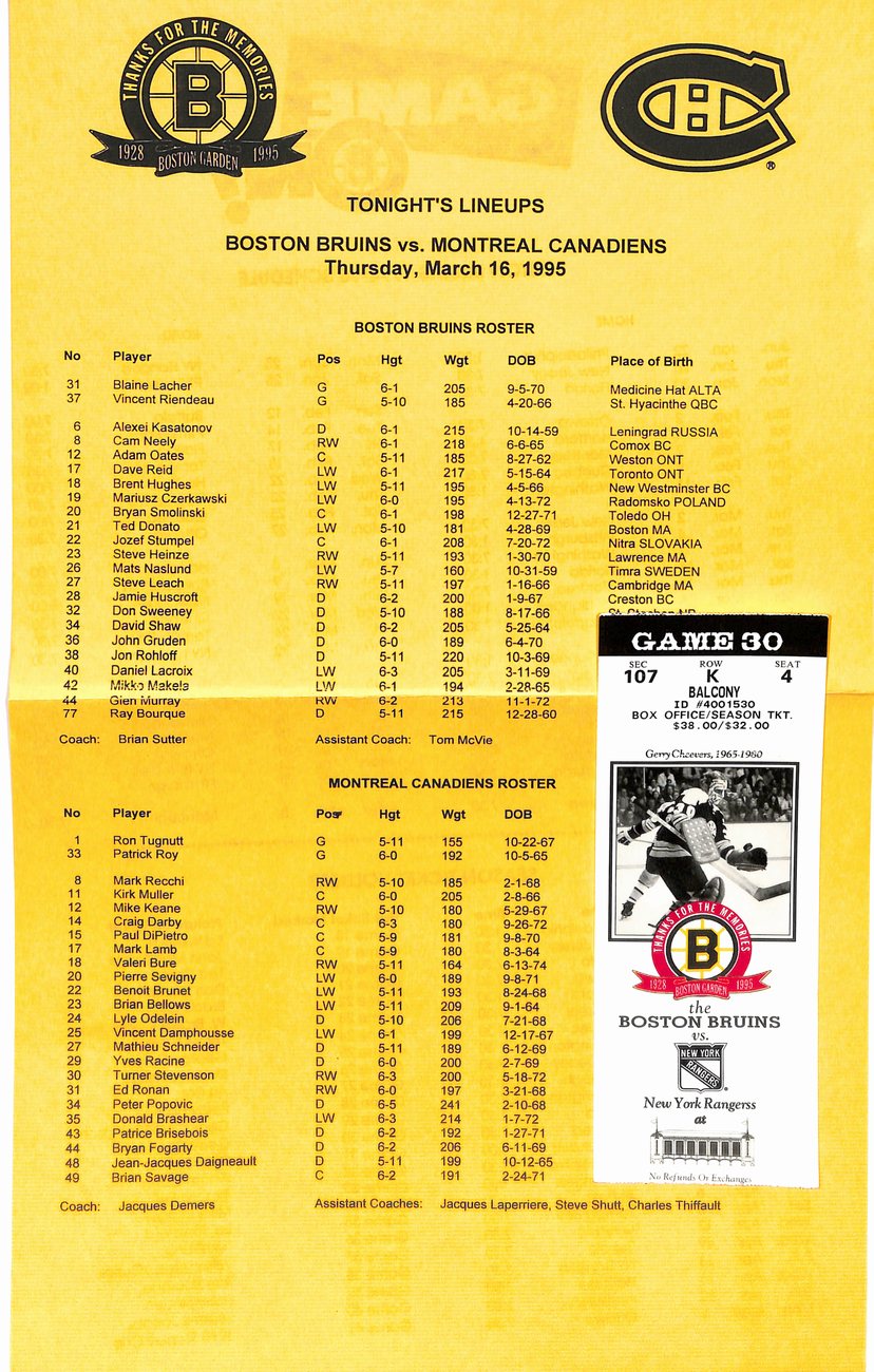 March 16 1995 Boston Bruins vs Montreal Canadiens Game Program 181789