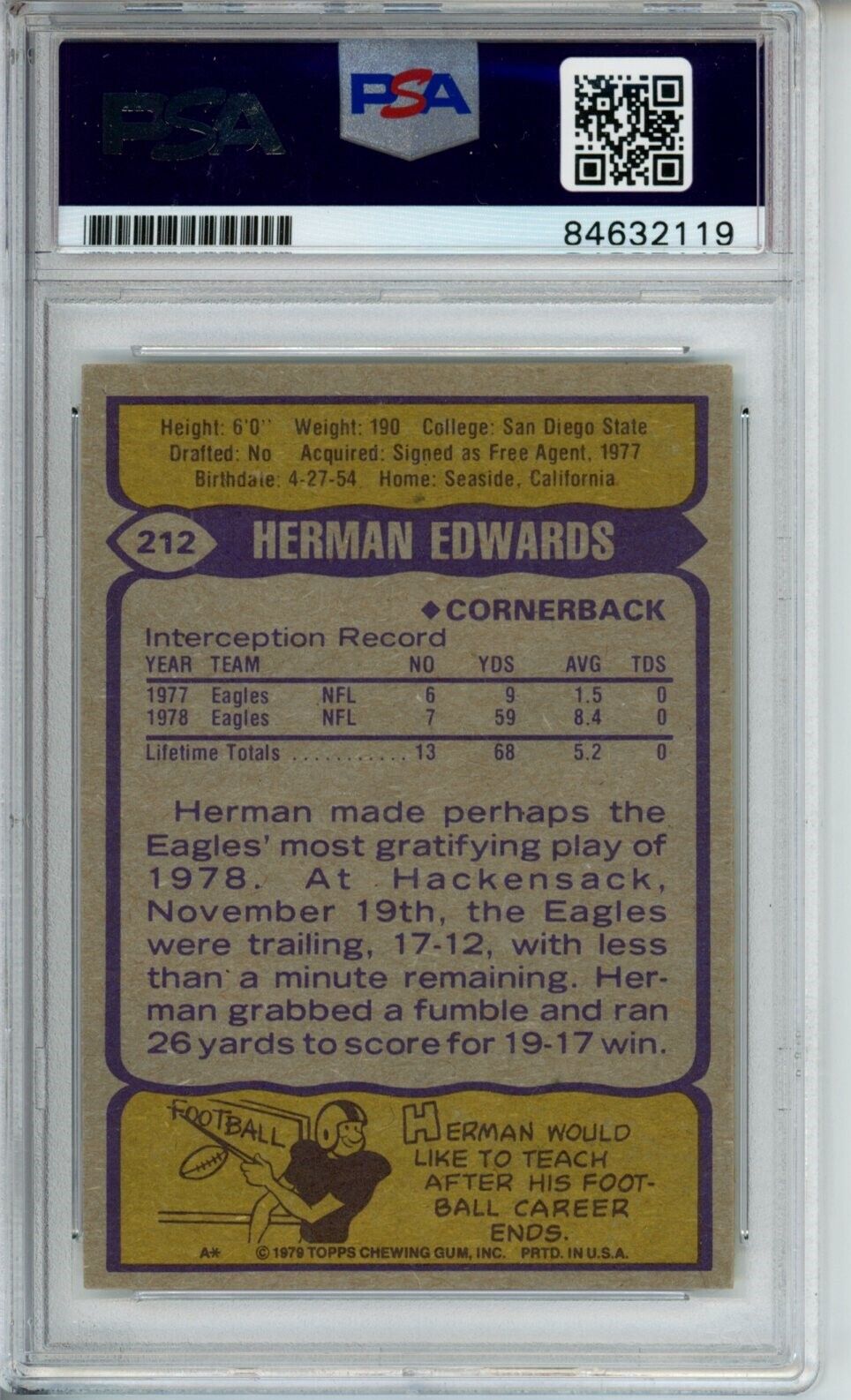 1979 TOPPS #212 Herman Edwards Auto Signed Philadelphia Eagles PSA/DNA