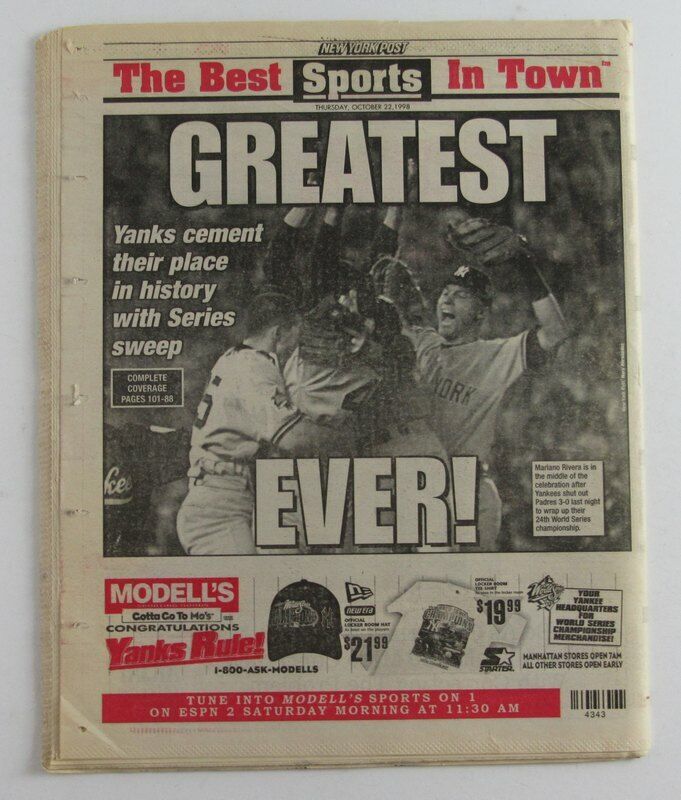 "Yankees Sweep" New York Post Oct 22, 1998 Newspaper 140370