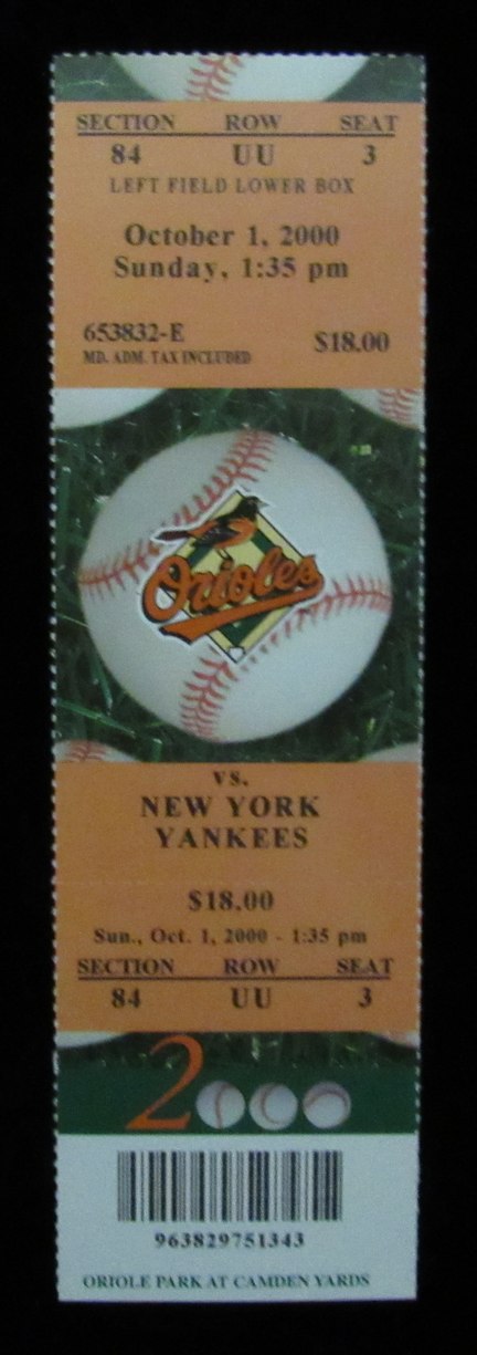 October 1, 2000 Full Ticket Orioles vs. Yankees Albert Belle Final Game 184915