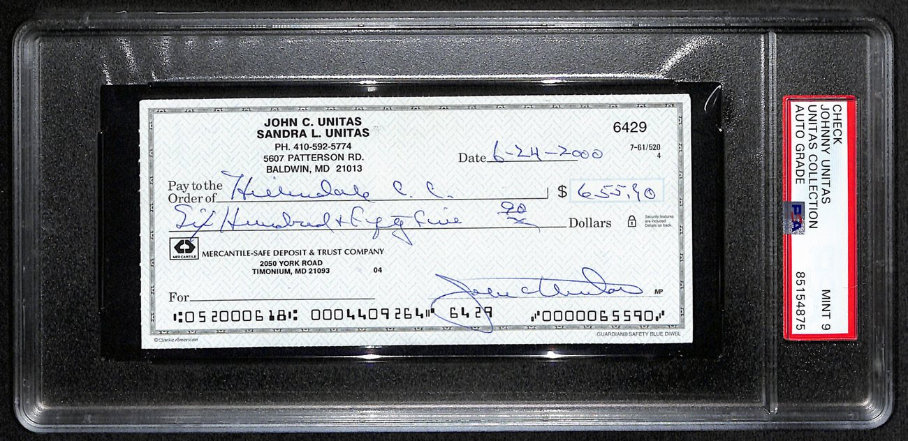 Johnny Unitas Signed 6/24/00 Check PSA/DNA MINT 9 188657