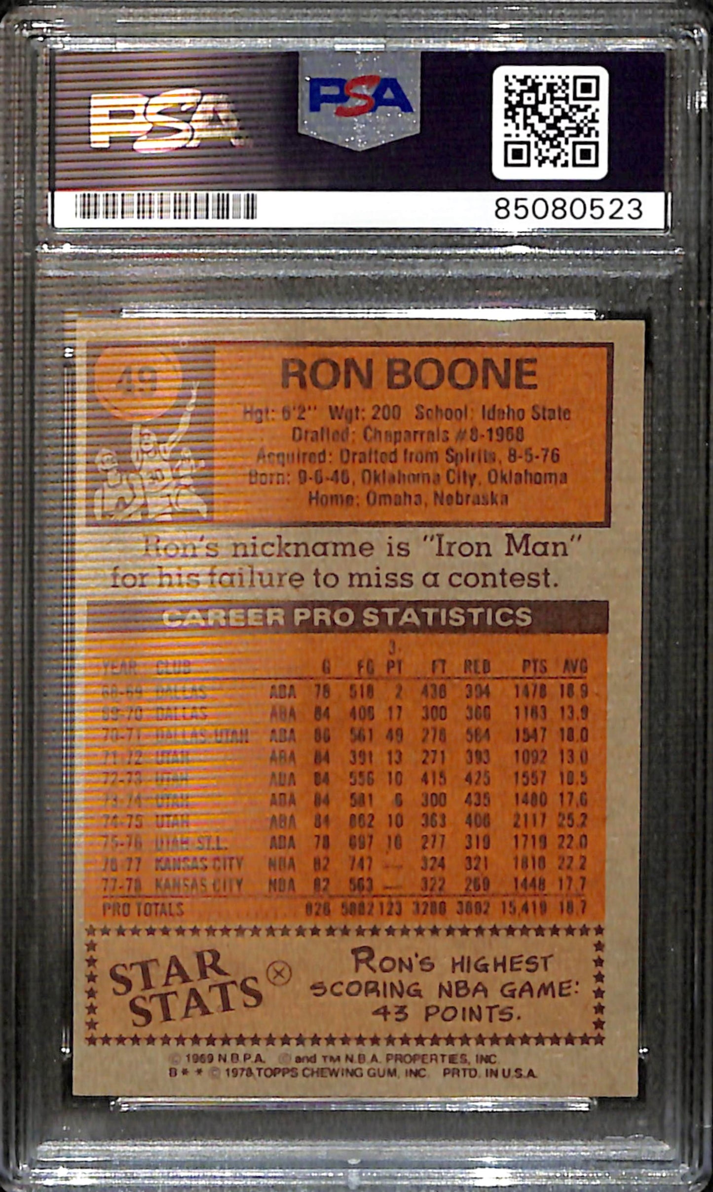 Ron Boone Signed/Auto 1978 Topps Card #49 Kansas City Kings PSA/DNA 185432