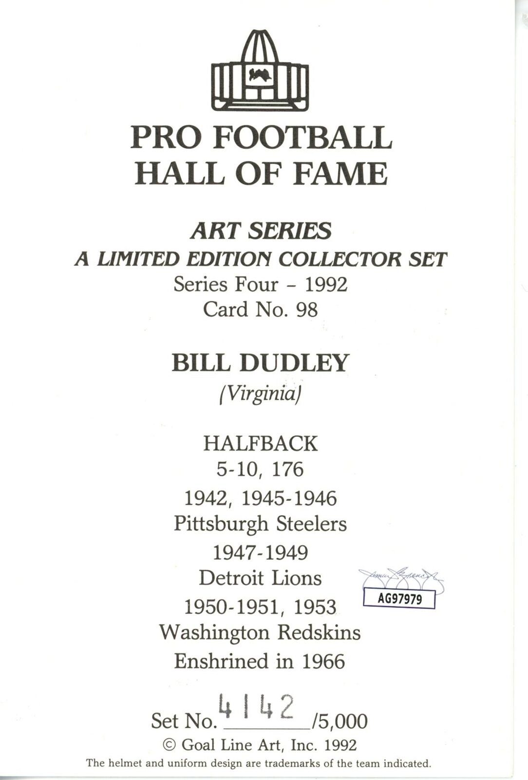 Bill Dudley HOF Autographed/Inscr Goal Line Art GLAC Postcard Redskins JSA