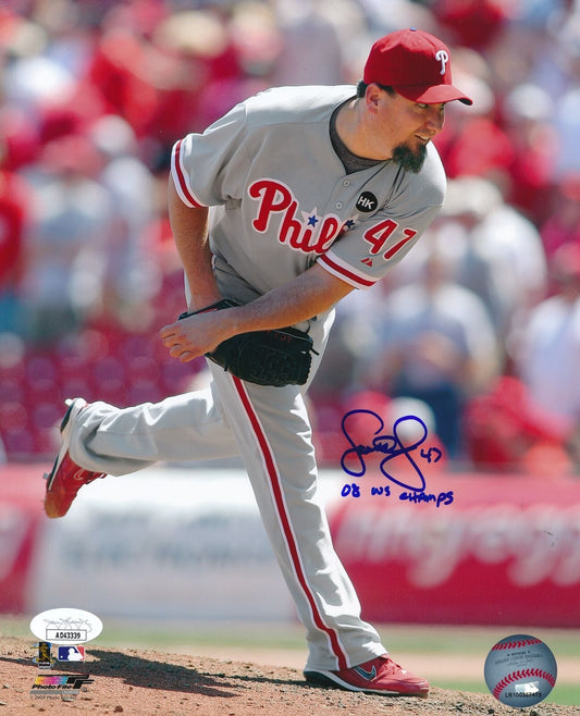 Scott Eyre Autographed/Inscribed 8x10 Photo 2008 Champs WS Phillies JSA