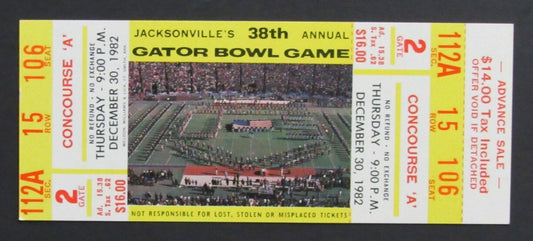 1982 Gator Bowl Football Game Full Ticket West Virginia vs. Florida State