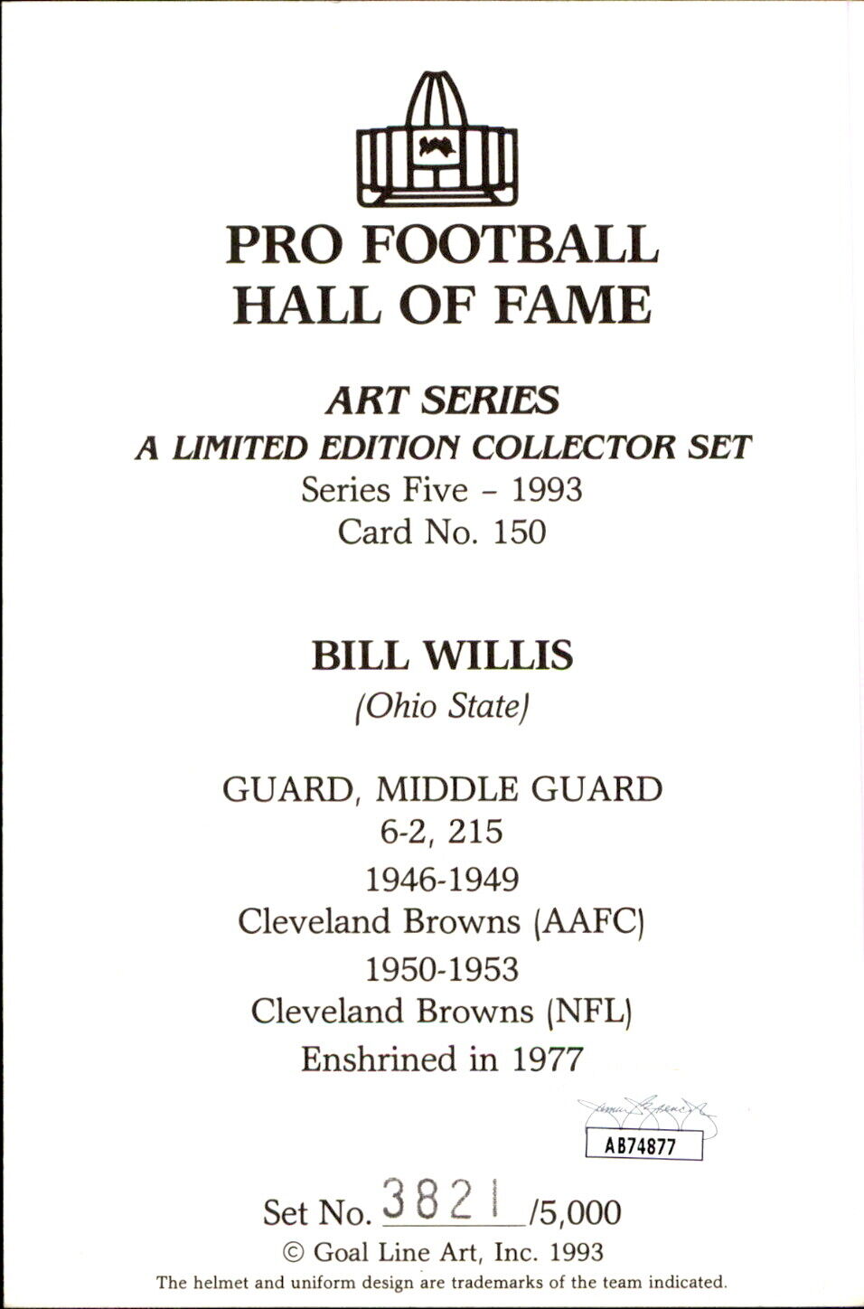 Bill Willis HOF Autographed/Inscribed Goal Line Art GLAC Postcard Browns JSA