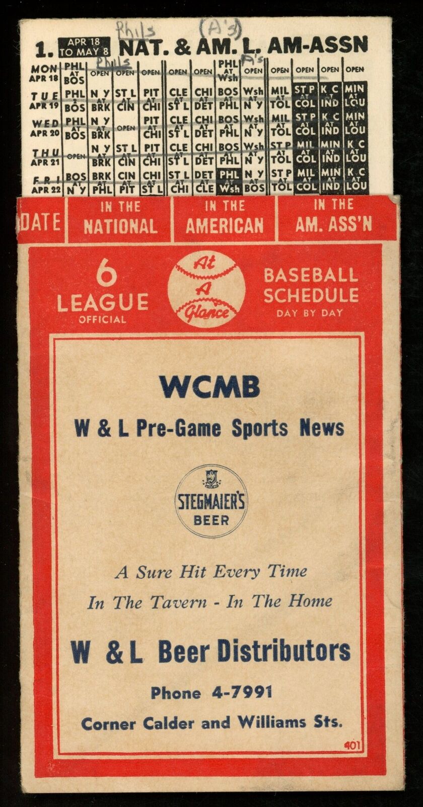 S.K.C. 1949 Six Baseball Leagues 3x5 Slide Pocket Schedule