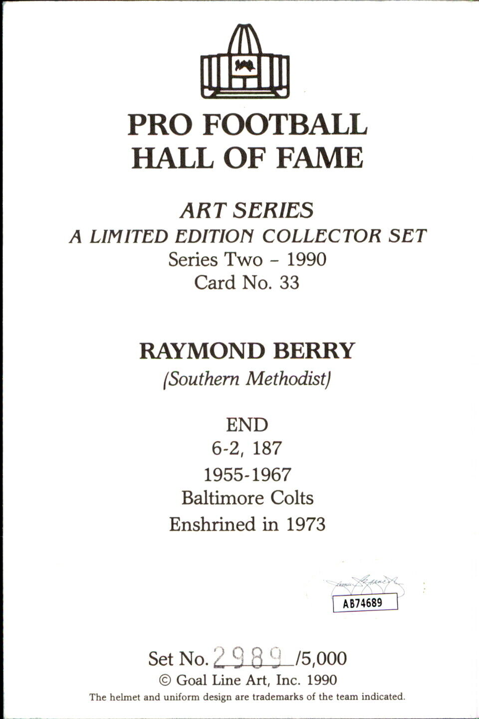 Raymond Berry HOF Autographed Goal Line Art GLAC Postcard Baltimore Colts JSA
