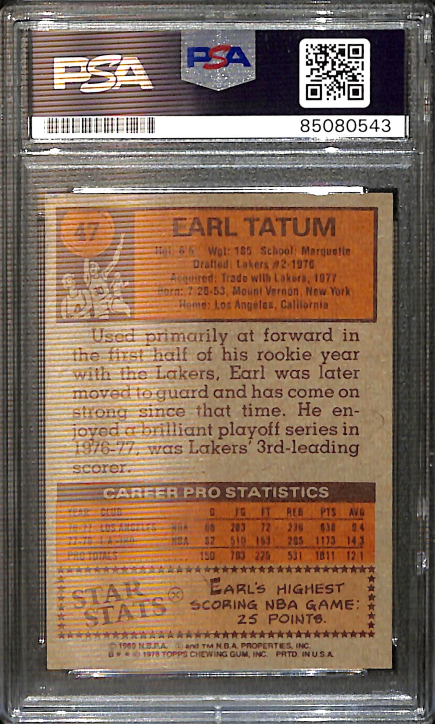 Earl Tatum Signed/Auto 1978 Topps Card #47 Indiana Pacers PSA/DNA 185403