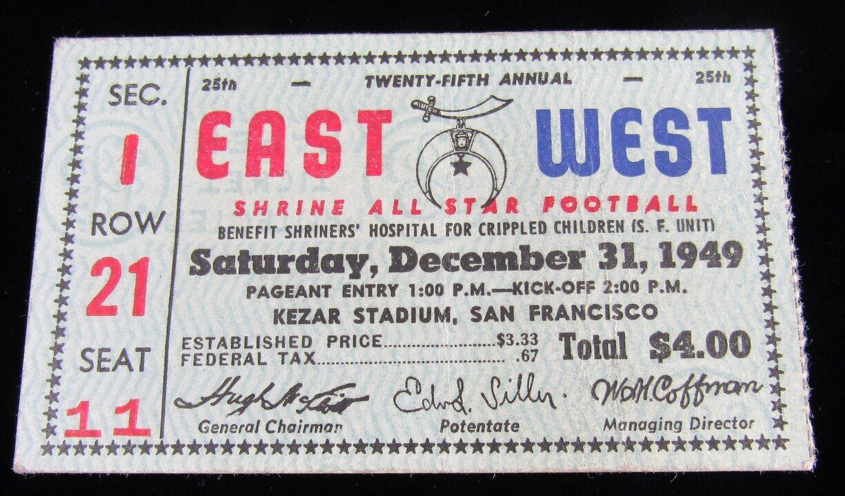 1949 Shrine Bowl East vs. West Ticket Stub, Kezar Stadium, SF California