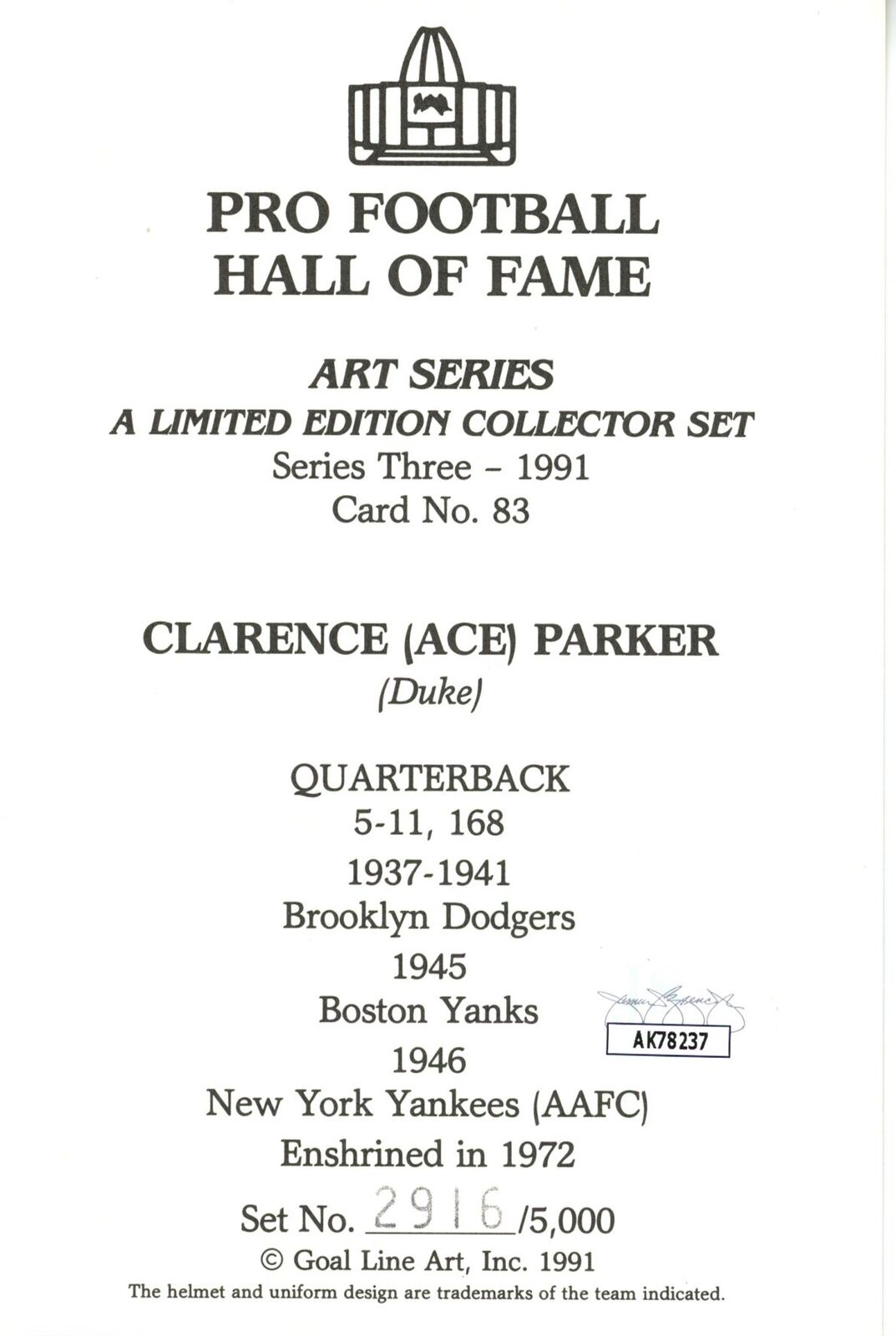 Clarence Parker HOF Autographed Goal Line Art GLAC Postcard Dodgers JSA 180897