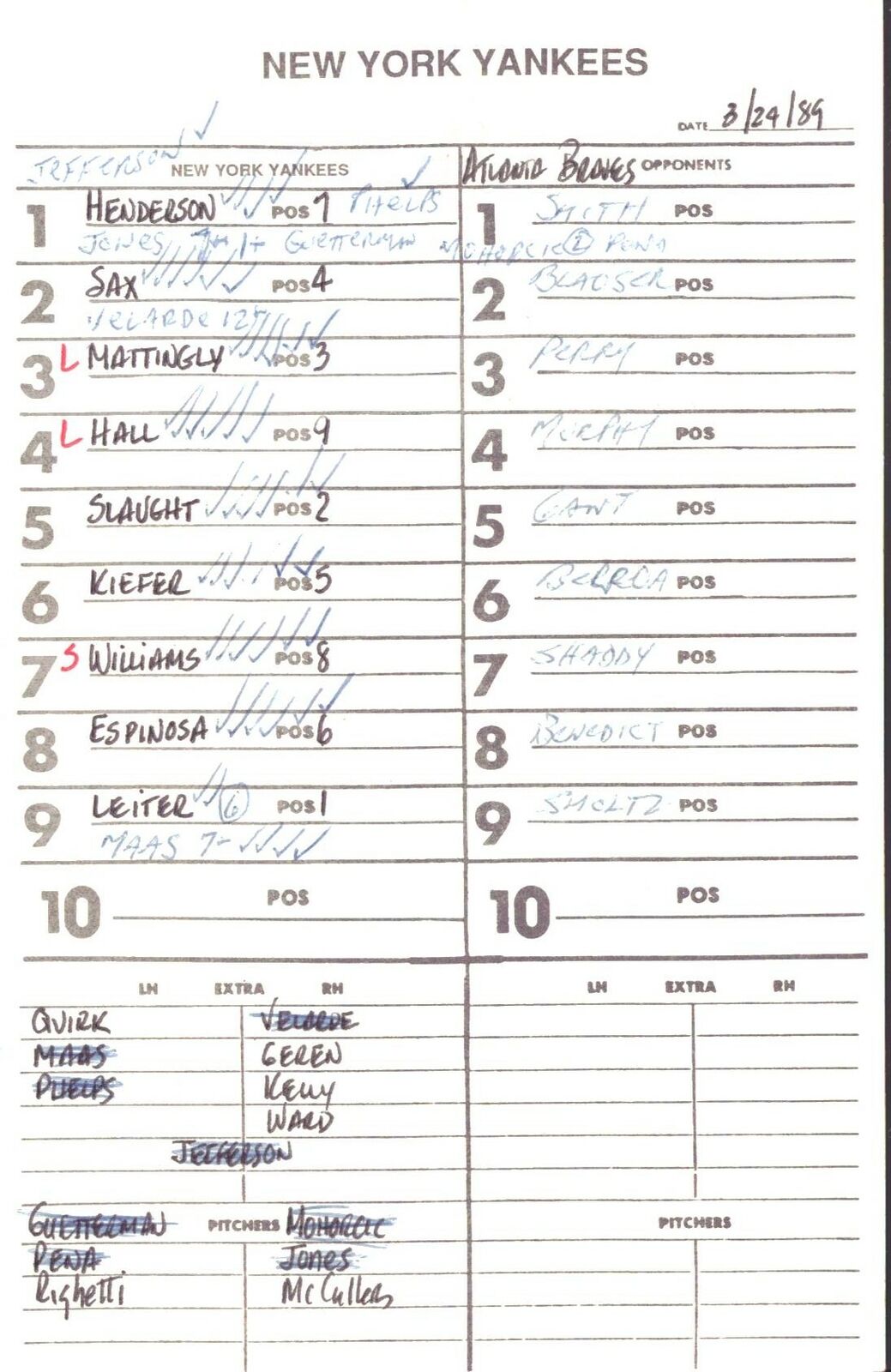 1989 New York Yankees Spring Training 5.5x8.5 Lineup Card vs. Braves 151520