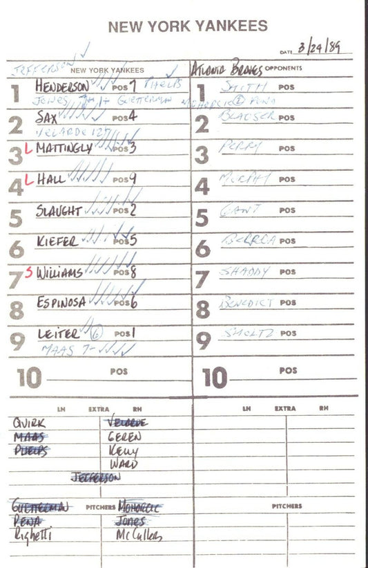 1989 New York Yankees Spring Training 5.5x8.5 Lineup Card vs. Braves 151520