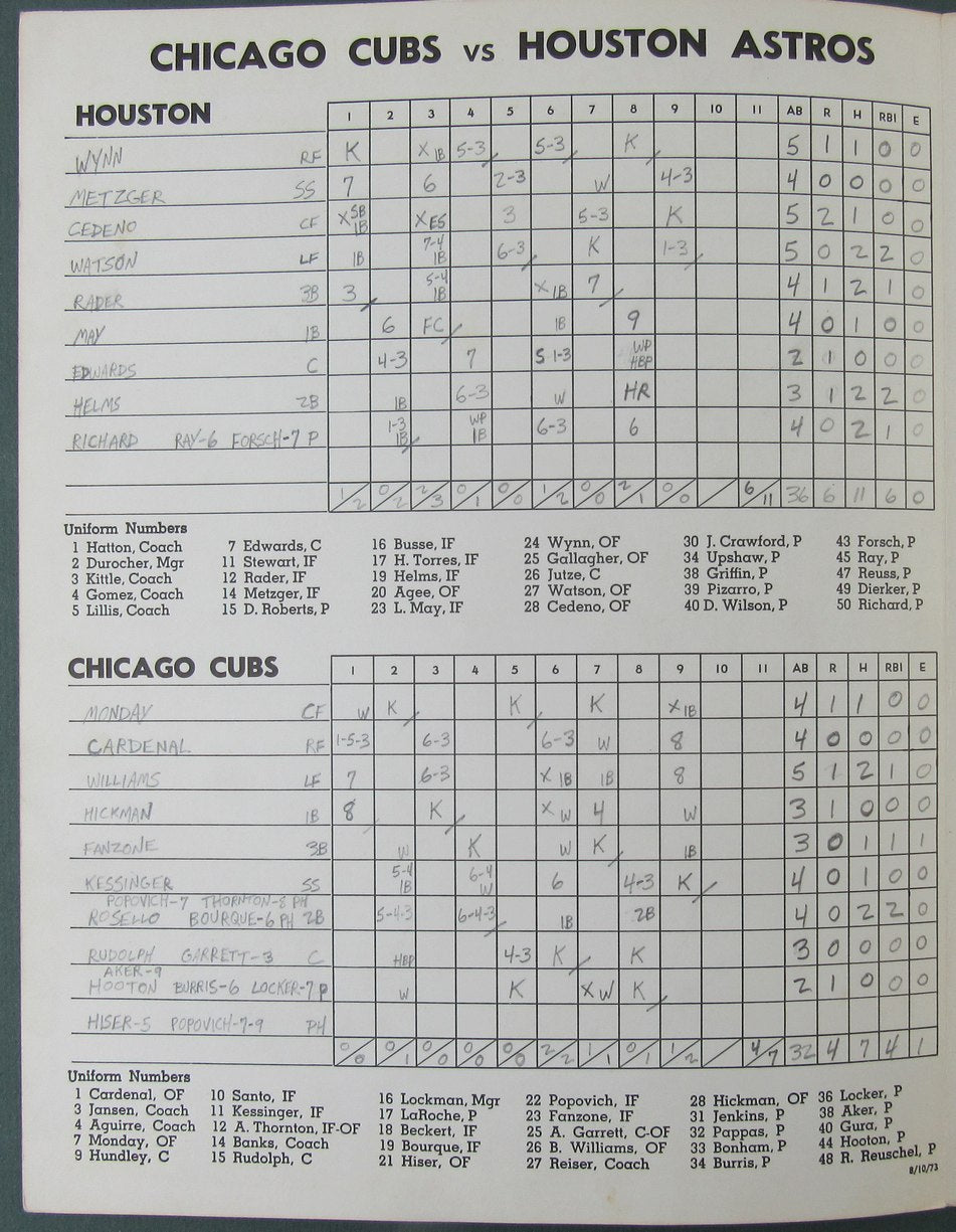 1973 Chicago Cubs vs. Houston Astros Scored Official Program Richard 8/10/73