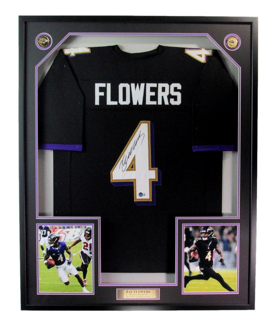 Zay Flowers Autographed Black Football Jersey Ravens Framed Beckett 186186