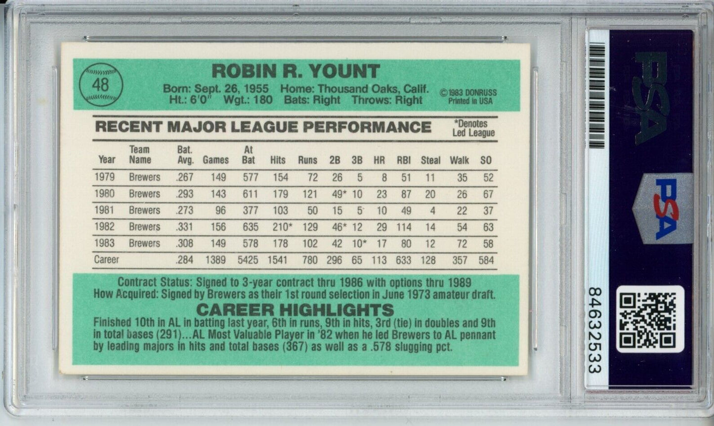 1984 Donruss Robin Yount HOF #48 Card Signed Brewers PSA/DNA GEM MINT 10