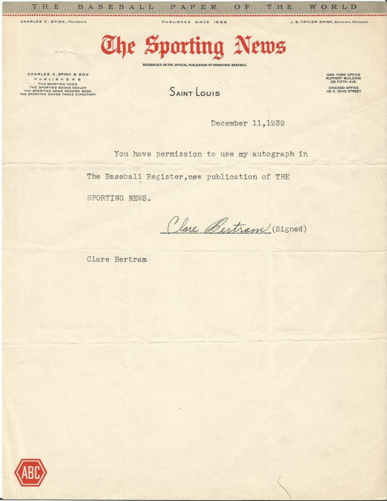 Clare Bertram Knoxville Smokies Signed/Autographed 1939 Letter 150083