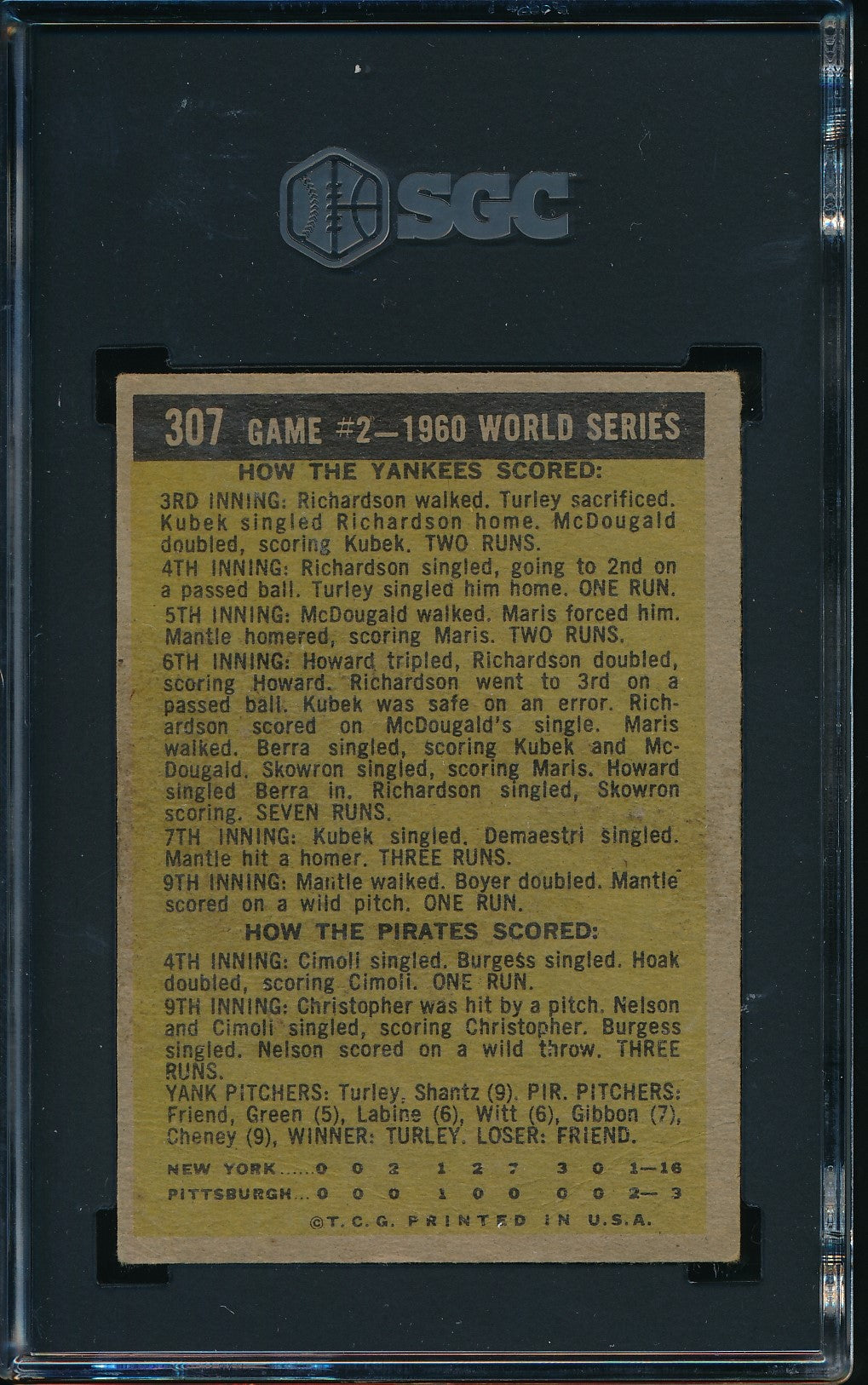 1961 Topps Card #307 1960 World Series Mantle Slams 2 Homers SGC 3  186383