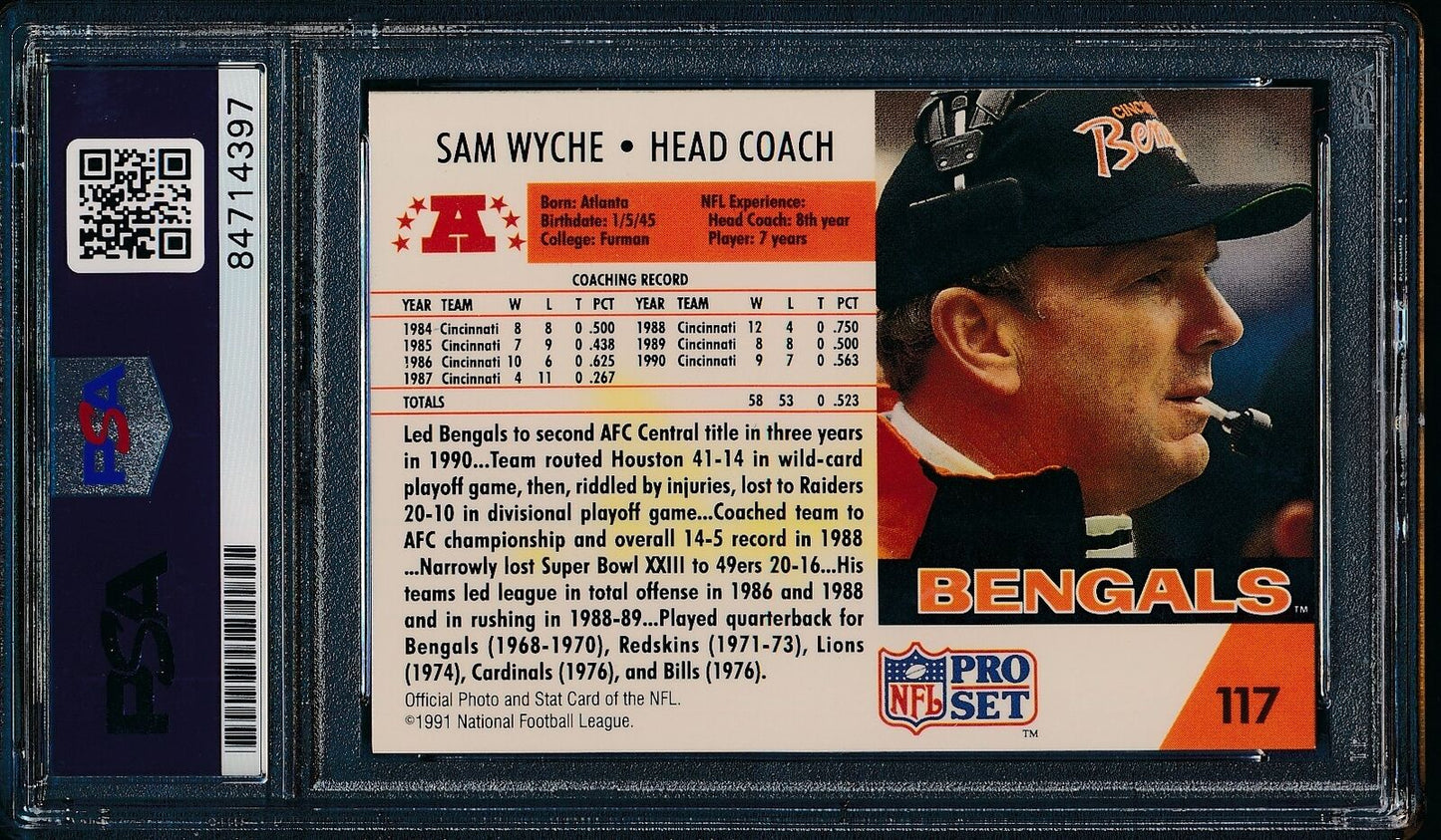 1990 Pro Set Sam Wyche #117 Card Signed Cincinnati Bengals PSA/DNA 176359