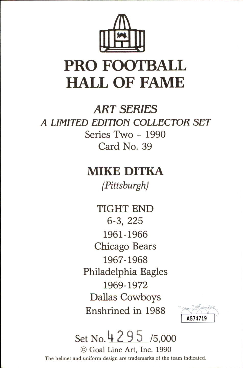 Mike Ditka HOF Autographed Goal Line Art GLAC Postcard Chicago Bears JSA