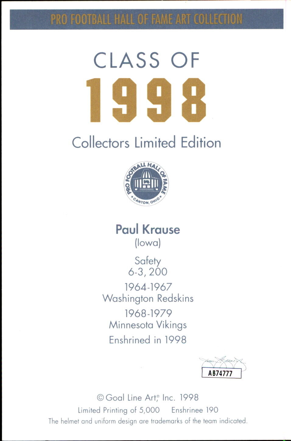 Paul Krause HOF Autographed/Inscribed Goal Line Art GLAC Postcard Vikings JSA