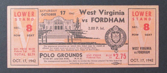 1942 West Virginia Mountaineers vs. Fordham  Proof Ticket 10/17/42 Polo Grounds