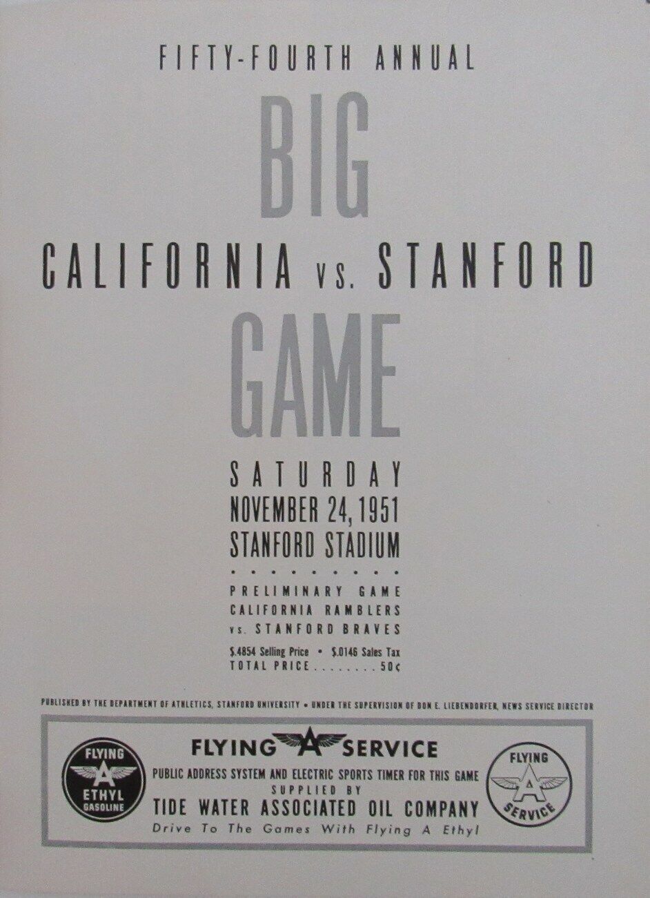 1951 California vs. Stanford College Football Game Souvenir Program 163184