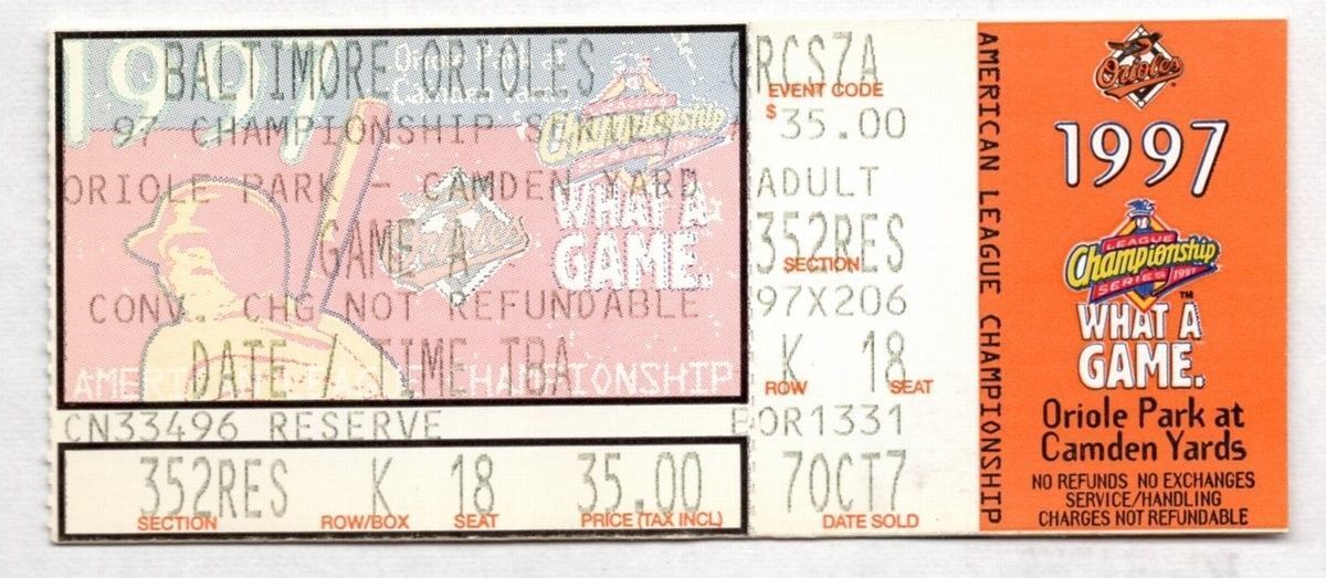 1997 Orioles Indians ALCS Game 1 Ticket Stub Brady Anderson Home Run 129025