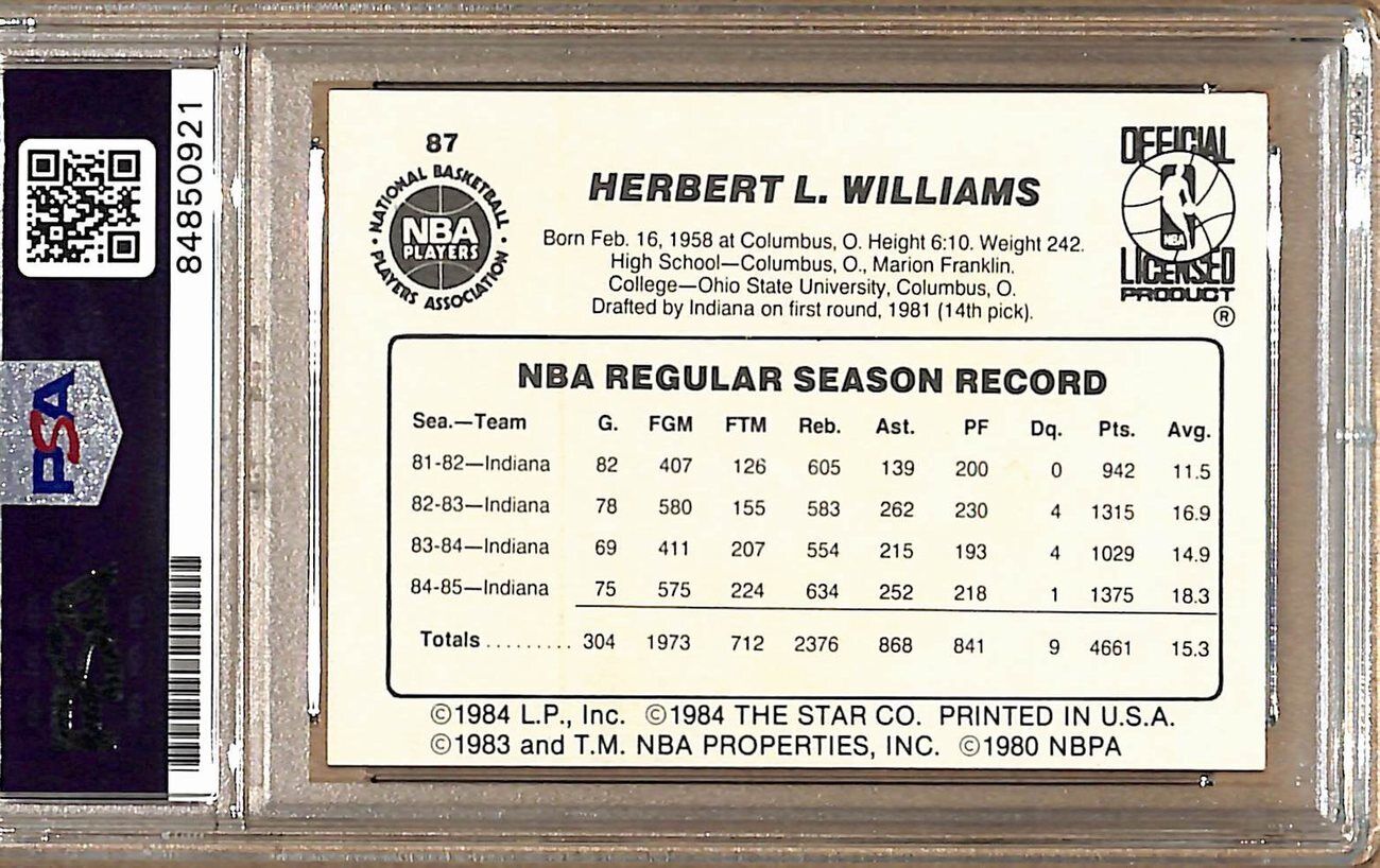 1985-86 Star Company #87 Herb Williams Pacers Signed/Auto Card PSA/DNA 178833