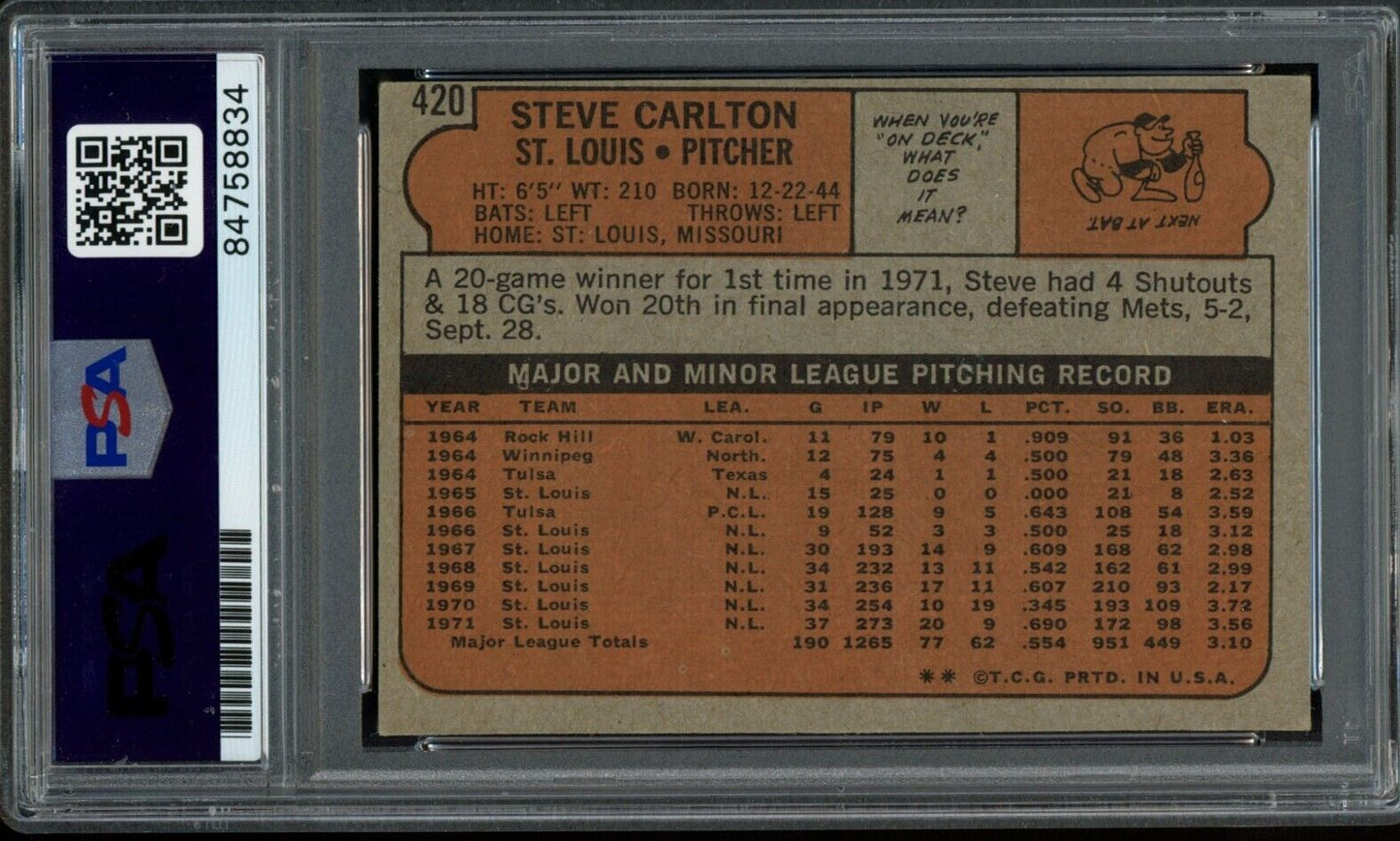 1972 TOPPS Steve Carlton HOF #420 Authentic Card Signed Cardinals PSA/DNA