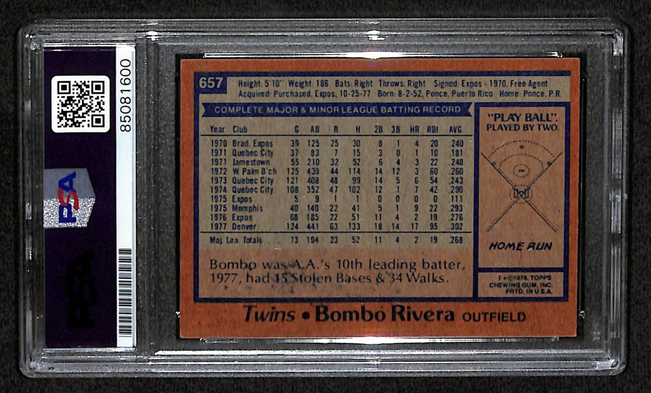 Bombo Rivera Signed 1978 Topps Card #657 Minnesota Twins PSA/DNA 184542