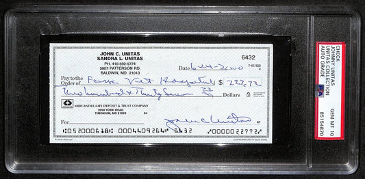 Johnny Unitas HOF Signed/Auto 2000 Bank Check Colts PSA/DNA GEM MT 10 189592