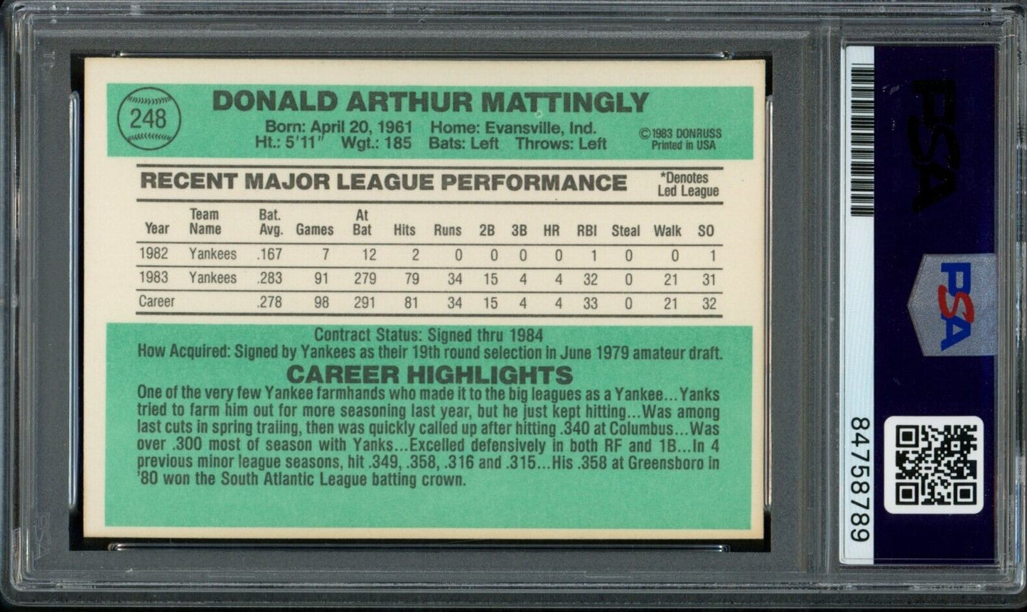 1984 DONRUSS Don Mattingly #248 Authentic Card Signed New York Yankees PSA/DNA