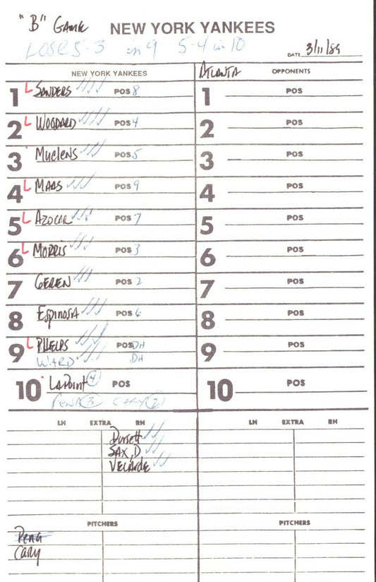 1989 New York Yankees Spring Training 5.5x8.5 Lineup Card vs. Braves 151539