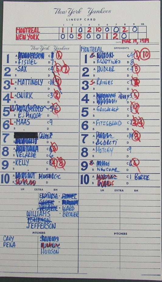 1989 New York Yankees Spring Training 9x15 Lineup Card vs.Expos Raines 151342