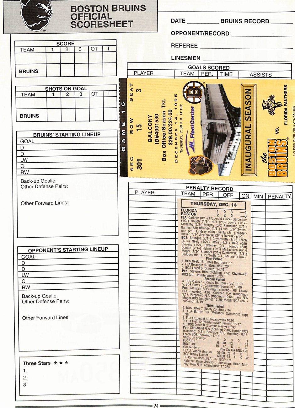 December 14th 1995 Boston Bruins vs. Panthers Game Program + Ticket Stub 181787