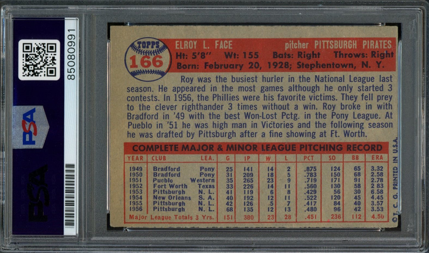 Roy Face Signed 1957 Topps Trading Card #166 Pirates PSA/DNA 183564