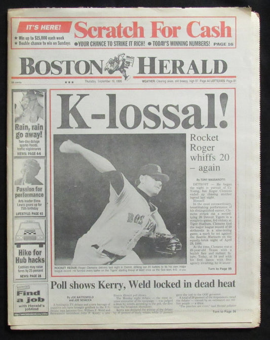 Boston Herald Newspaper Sept 19, 1996 Roger Clemens 20 Strikeouts Red Sox 190808