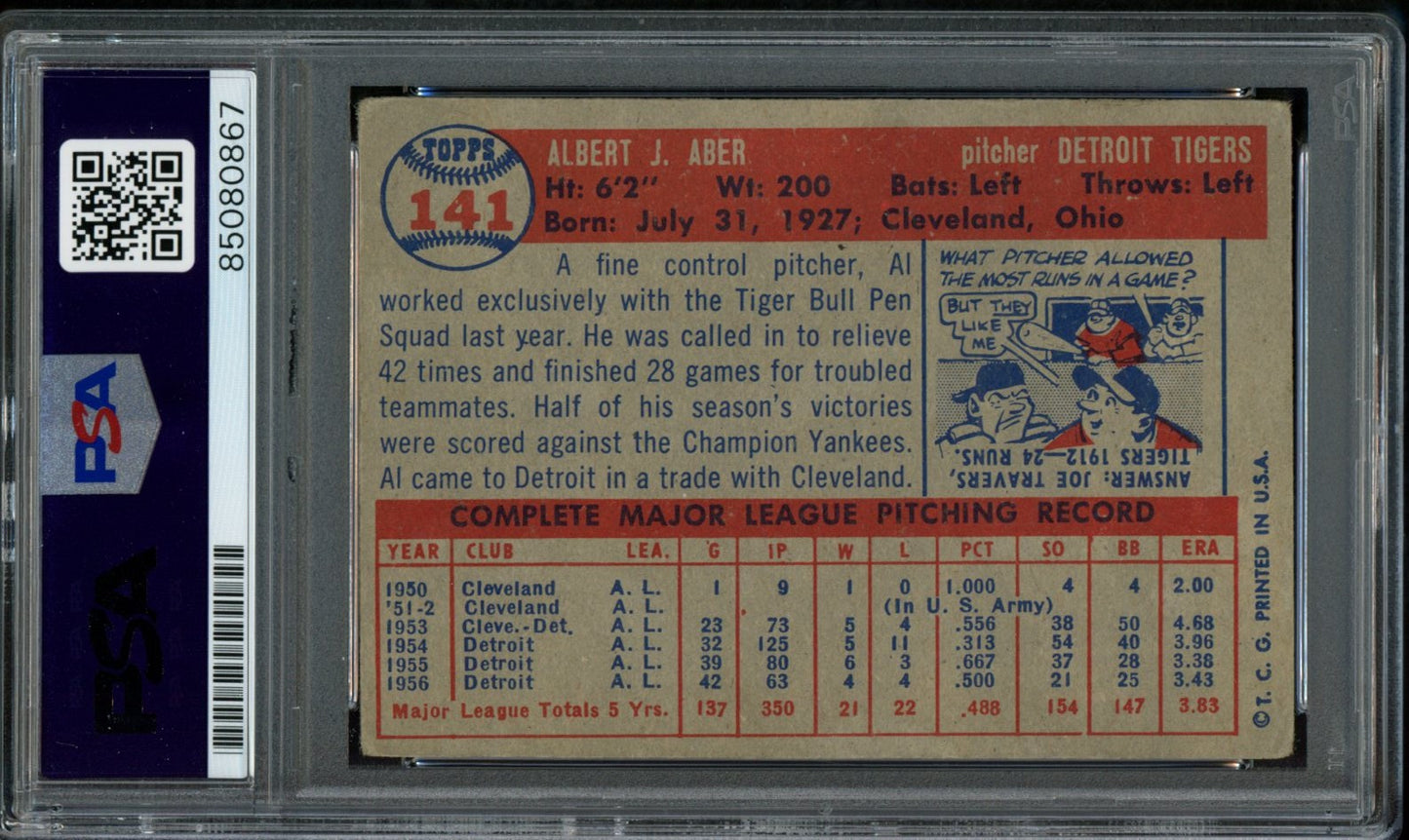1957 TOPPS Al Aber #141 Auth Card Signed Detroit Tigers PSA/DNA 184110