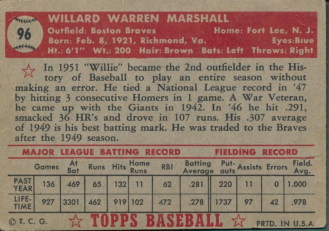 Willard Marshall Boston Braves Signed 1952 Topps Baseball Card #96 162317