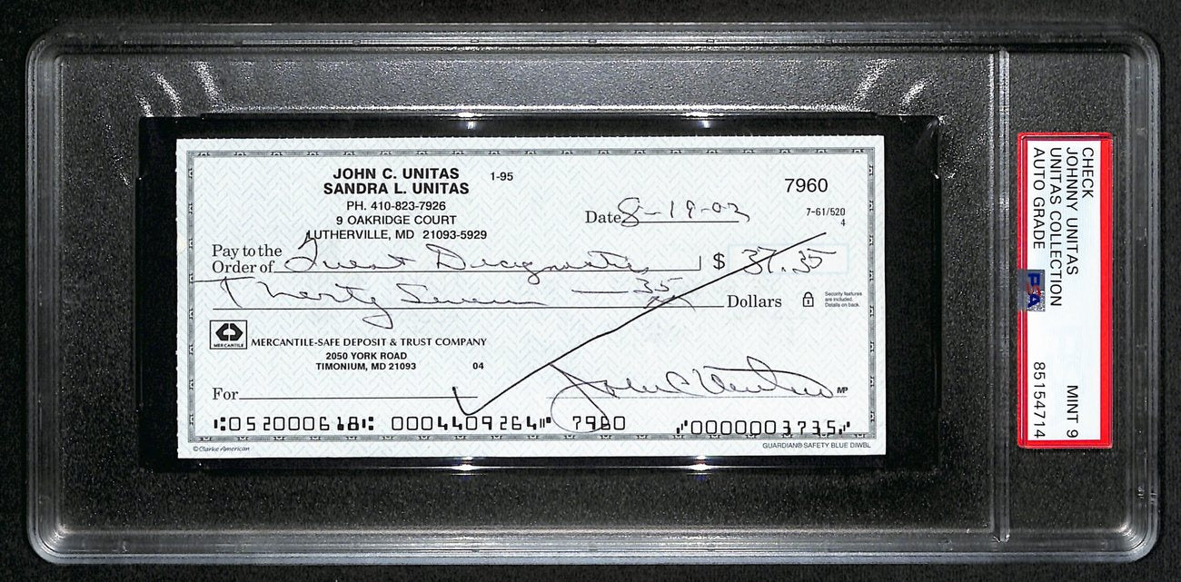 Johnny Unitas Signed 8/19/02 Check PSA/DNA MINT 9 188677