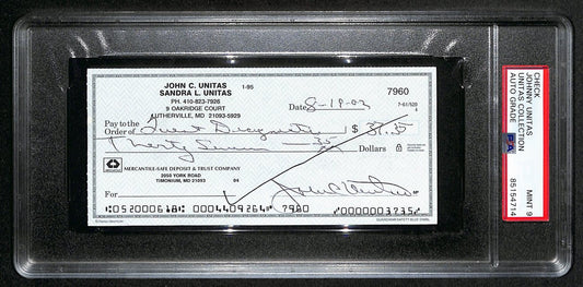 Johnny Unitas Signed 8/19/02 Check PSA/DNA MINT 9 188677