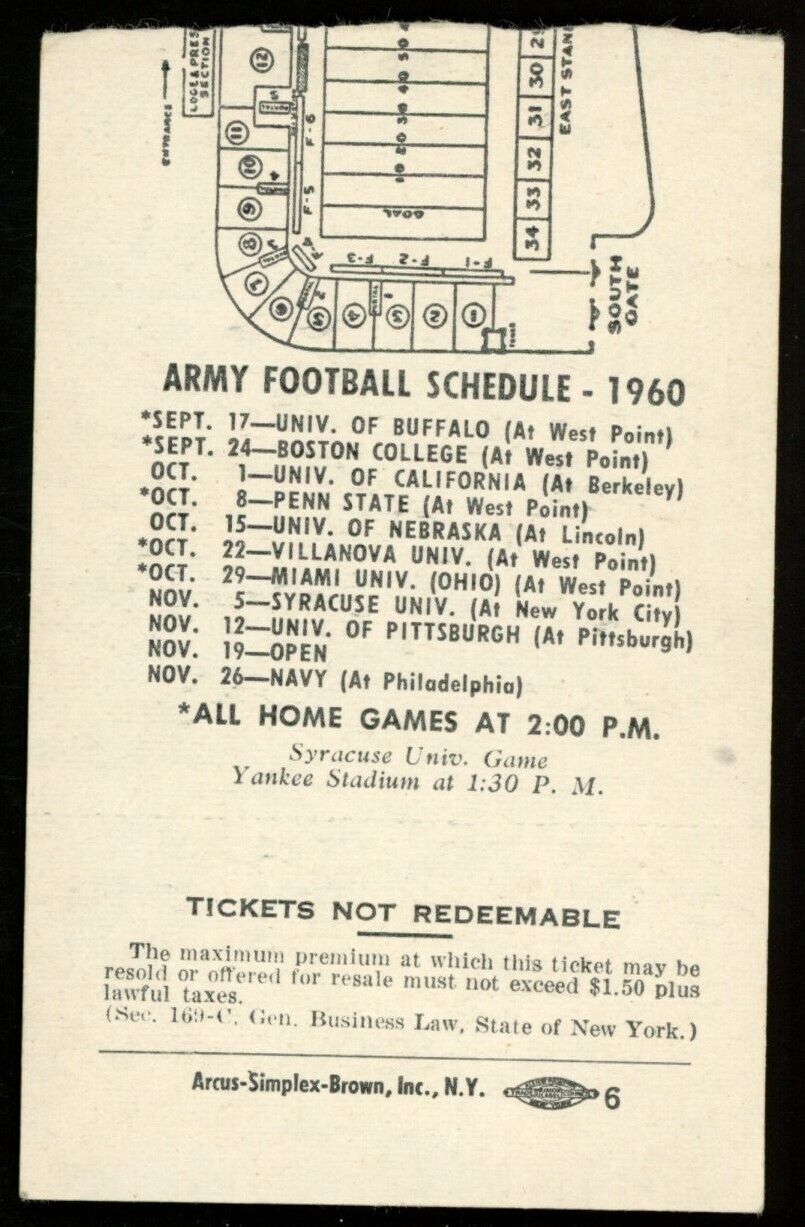 October 22, 1960 Villanova vs. Army College Football Game Ticket Stub